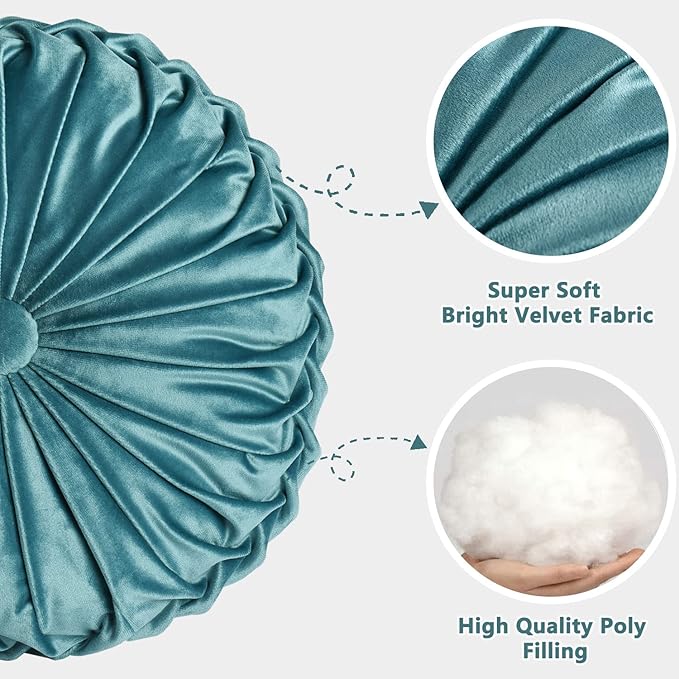 HIG Set of 2 Decorative Round Pleated Throw Pillows, Classy Accent Pumpkin Throw Pillows with Center Button, Vintage Velvet Floor Pillows for Sofa Couch Vanity Chair Bed, Teal, 14.5" Diameter(Ripple)