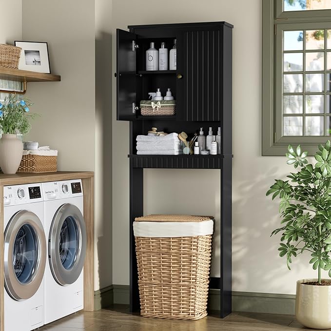 Over The Toilet Storage Cabinet, Above Toilet Storage with Fluted Panel Doors and Soft Hinges, Behind Toilet Bathroom Organizer Bathroom Spacesaver Rack (Black)