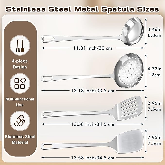 4 Pcs Cooking Utensils Set, Stainless Steel Kitchen Utensils, Heat Resistant Metal Kitchen Tools Include Solid & Slotted Turner Wok Spatula, Serving Spoon, Ergonomic Handle, Easy to Clean, Silver