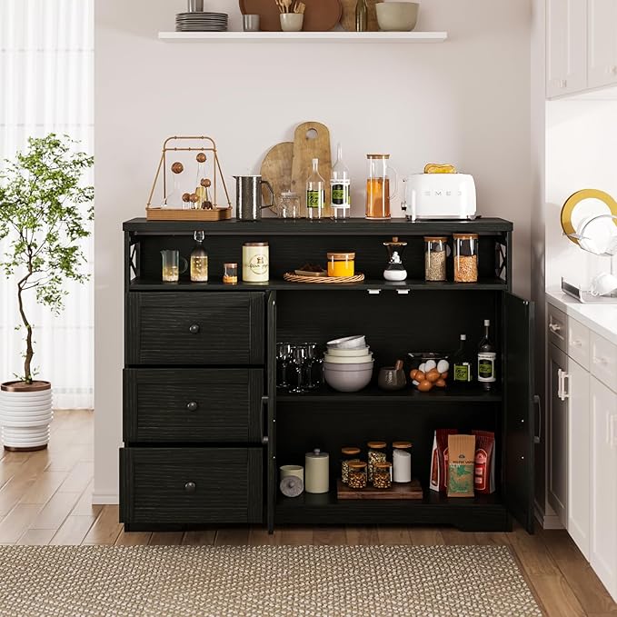 47" Black Storage Cabinet with Barn Doors and Drawers, Farmhouse Sideboard Buffet with Storage, Kitchen Pantry Hutch Cabinet, Coffee Bar Station Table for Kitchen, Livingroom, Dining Room