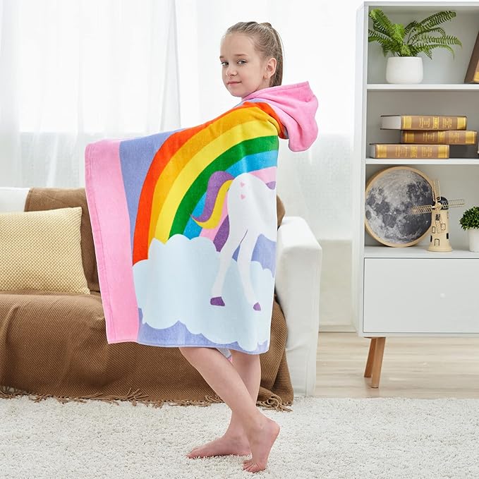 Kids Bath Towels, Kids Towel Girls Boys Hooded Beach,Bathroom,Pool Swim Towels 30 × 50 INCH Large Size Ultra Absorbent Cute Cartoon Animal Full Vitality 100% Cotton Wearable Wrap for Child
