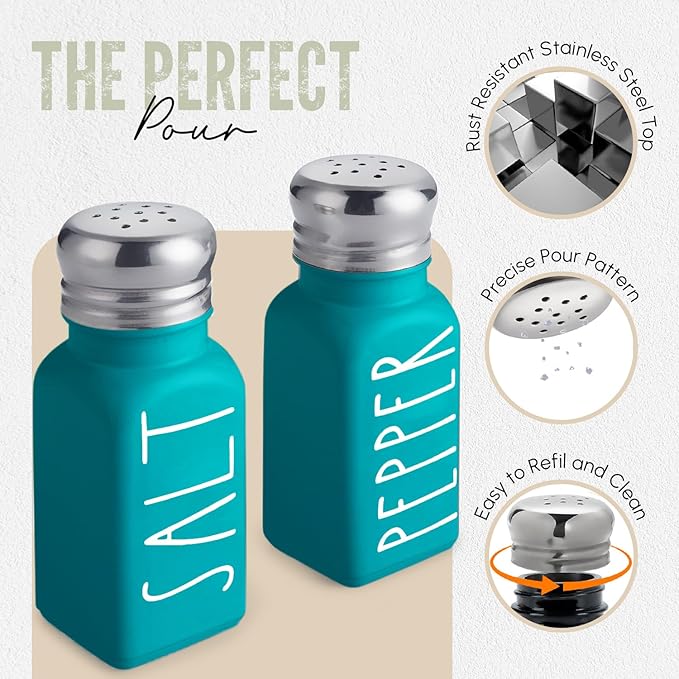 Teal Salt and Pepper Shakers Set by Brighter Barns - Turquoise Kitchen Decor & Turquoise Kitchen Accessories - Cute Modern Farmhouse Glass Shakers for Restaurants Wedding & Stainless Steel Lid (Teal)
