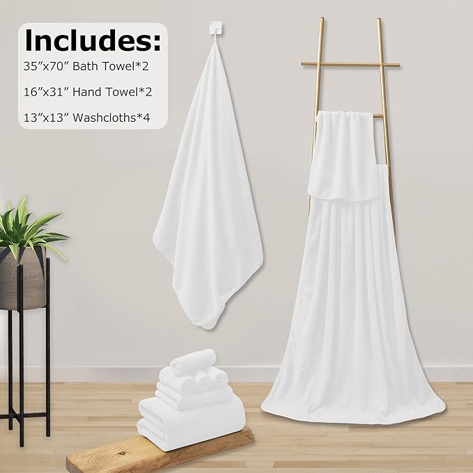 8 Piece Premium Towel Set, 2 Ultra Large Bath Sheet, 2 Hand Towels, 4 Washcloths, Super Soft, Lightweight, Highly Absorbent Quick Dry Bath Towel Set Hotel Spa Quality for Bathroom (White)