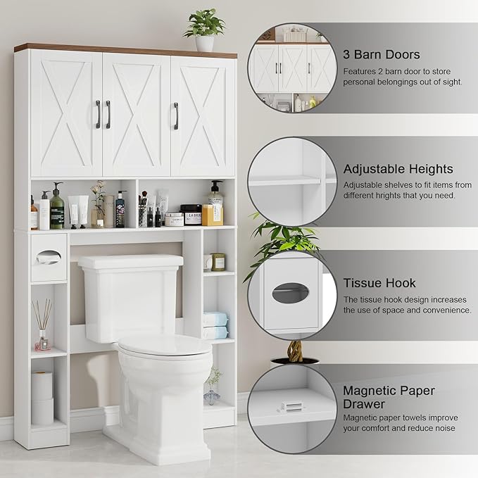 Over The Toilet Storage Cabinet, Farmhouse Toilet Cabinet Rack with 3 Barn Doors, Space Saving Bathroom Organizer with Shelves, Toilet Paper Holder and Towel Rack for Bathroom,Restroom,Laundry, White