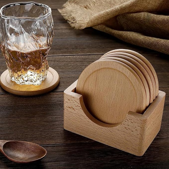 Mu&Ti Wood Coaster, Coffee Beer Coaster.100% Natural Beech Wood Coaster, 6-Piece Coaster Set, Holder Included (Beechwood)