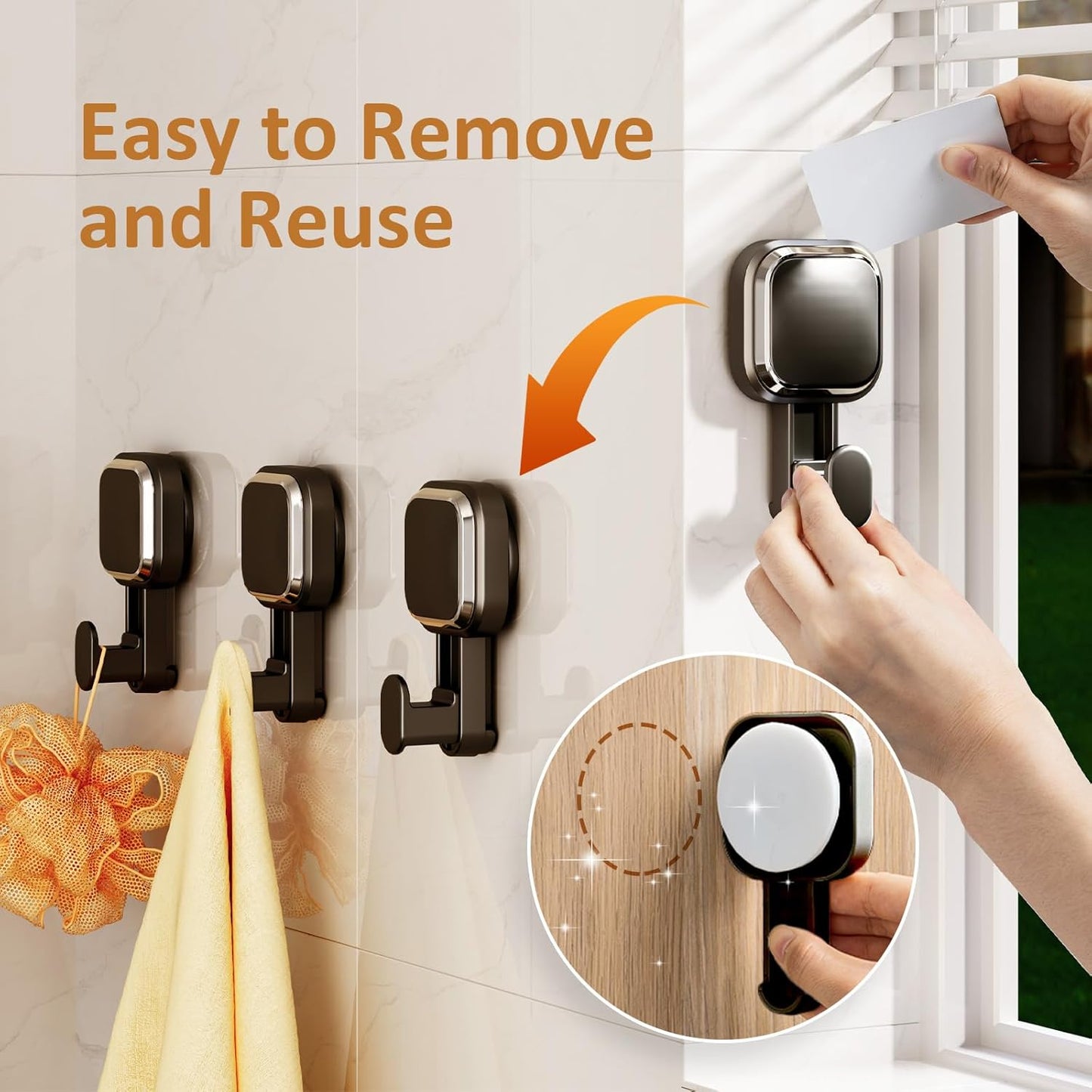 LEVERLOC 4 Pack Suction Cup Hooks for Inside Shower, Powerful Vacuum Suction Shower Holder for Towel, Loofah, Clothes, Damage Free Hanging Bathroom Wall Hooks, Easy to Install and Remove, Black