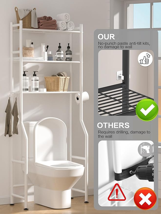3-Tier Over The Toilet Storage, Space Saver Metal Bathroom Shelves, Freestanding Above Over Toilet Storage Shelf with 4 Hooks for Bathroom, White