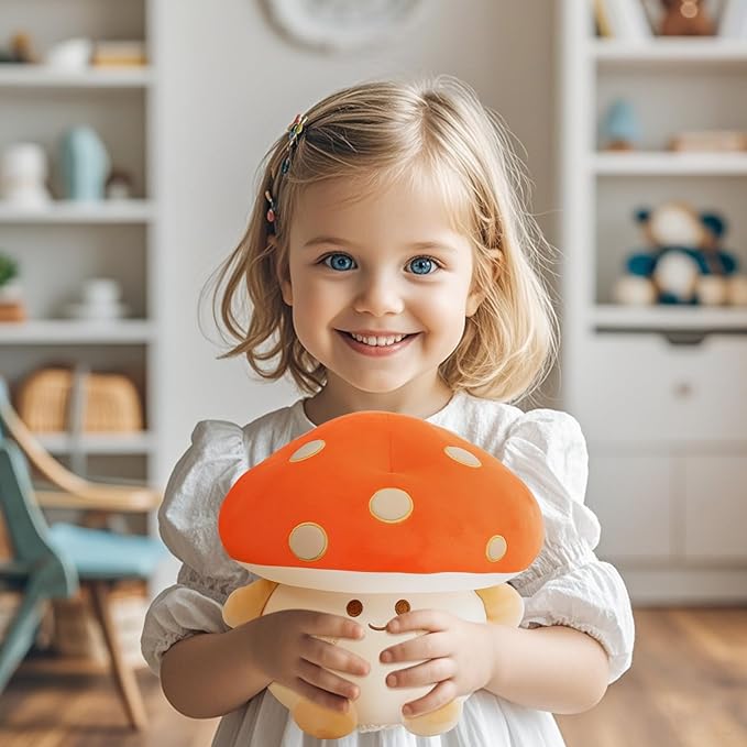 Mushroom Plush Toys 12 inch Cute Stuffed Mushroom Pillow Stuffed Toy Birthday Present Home Decor Halloween for Kids (Orange)
