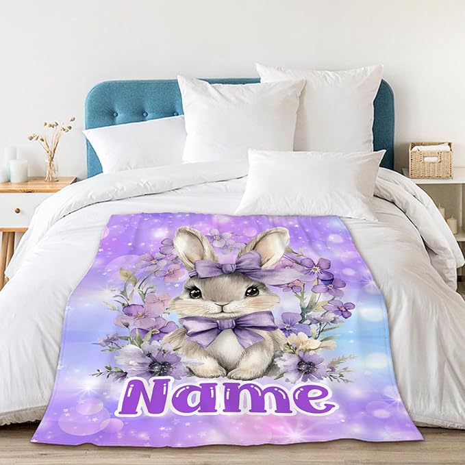 Kids Blanket for Girls Women Custom Bunny Blanket Gift for Birthday, Cozy Warm Rabbit Flannel Throw for Bed Sofa Room