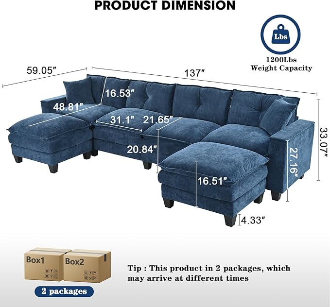 137",U Shaped Couch,Modern Modular Sectional Sofa, 4-Seater Comfy Cloud Couch with Two Movable Ottoman & Throw Pillows for Living Room, Bedroom and Apartment, Dark Blue