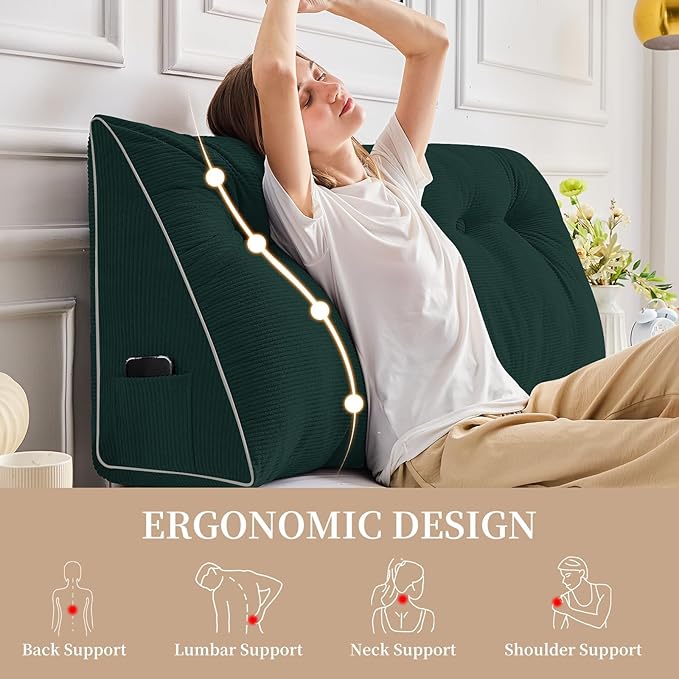 Sasttie Headboard Pillow King, Wedge Pillow Headboard for Sitting Up in Bed, Back-Rest Support Triangular Cushion for Reading - Features Removable Washable Cover, Green
