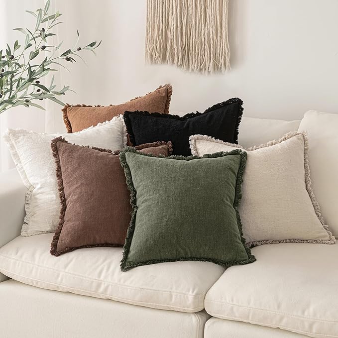 MIULEE Decorative Throw Pillow Covers Neutral Linen Fringe Throw Pillows Set of 2 Rifle Green Boho Farmhouse Cushion Covers with Tassels for Couch Sofa Bed Living Room Spring Home Decor 18x18 Inch
