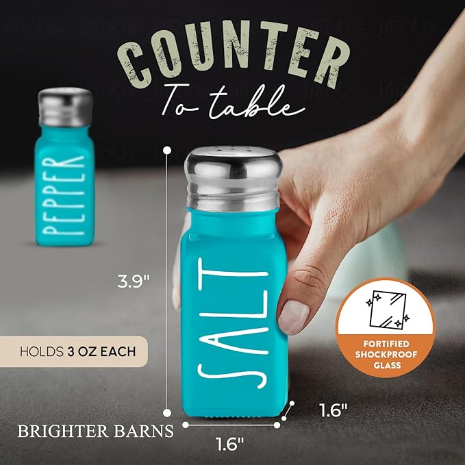 Teal Salt and Pepper Shakers Set by Brighter Barns - Turquoise Kitchen Decor & Turquoise Kitchen Accessories - Cute Modern Farmhouse Glass Shakers for Restaurants Wedding & Stainless Steel Lid (Teal)