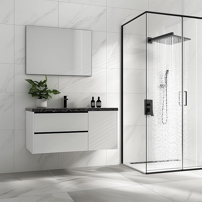SR SUN RISE Luxury 16 Inch Extra Large Square Stainless Steel Shower Head High Pressure Rainfall Showerhead Ultra Thin Water Saving Matte Black 2.5 Gpm