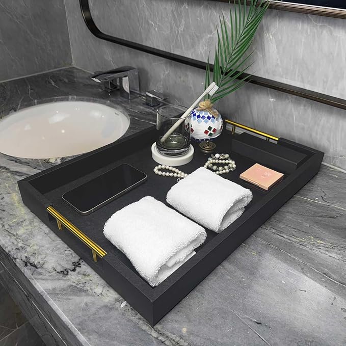 14x20 Inches Black Faux Leather Wrappen Wood Serving Tray with Metal Handles for Various Occasions, Ottoman, Home Decor Decorative, Living Room, Coffee Table Organizer, Serving Breakfast On Bed
