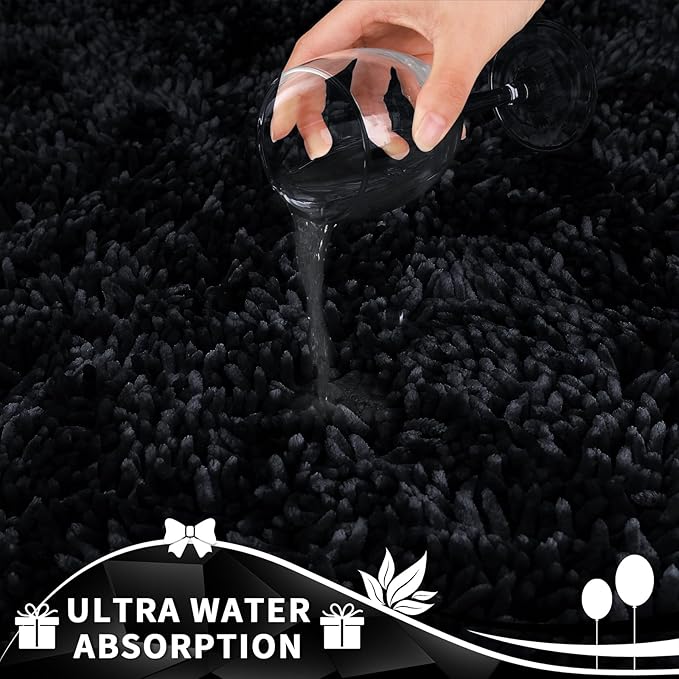 Yimobra Toilet Rugs U Shaped Washable, Extra Thick Soft Absorbent Chenille Contour Bathroom Rugs for Toilet 24x24 Inch, Quick Dry Non Slip Toilet Mat for Bath Floor, Black