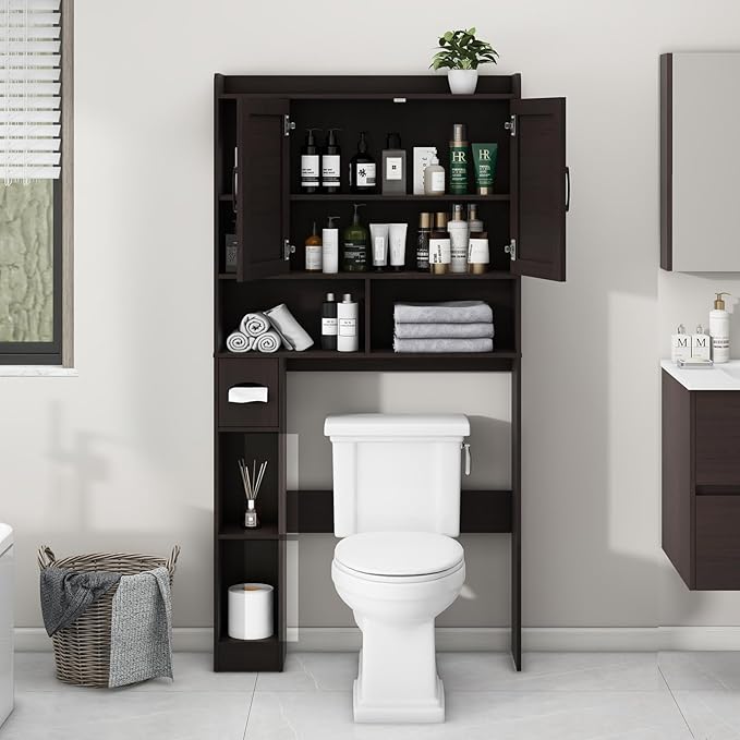 Over The Toilet Storage Cabinet, Farmhouse Storage Cabinet Over Toilet with 2 Barn Door & Toilet Paper Holder Stand,Home Space-Saving Toilet Rack, for Bathroom, Restroom, Laundry