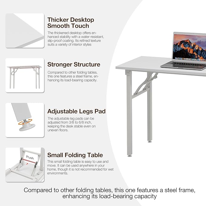 TEMI Long Computer Desk Folding Table - 55.1" Foldable Office Desk, No Assembly, Perfect Writing Table for Bedroom, Dorm, or Apartment, Portable Large Desk or Study Table with Compact Design, White