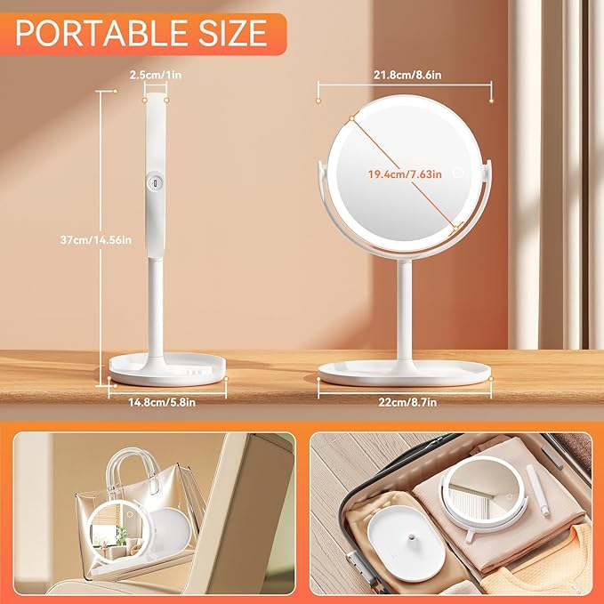 Makeup Mirror with Lights, Double Sided 30X/1X Magnifying Mirror with Light, 3 Color Stepless Dimmable with Touch Screen, Rechargeable 360ยฐ Free Standing Vanity Mirrors for Bathroom, Bedroom