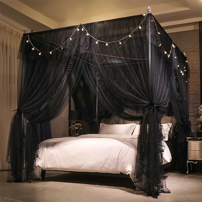 VETHIN 4 Corners Post Ruffle Princess Bed Canopy Curtain-Double Layer Cozy Drape Netting 4 Opening Mosquito Net for Girls Adults Bedroom Decoration (Double-Black,64" W*82" L*82"*H/Queen)