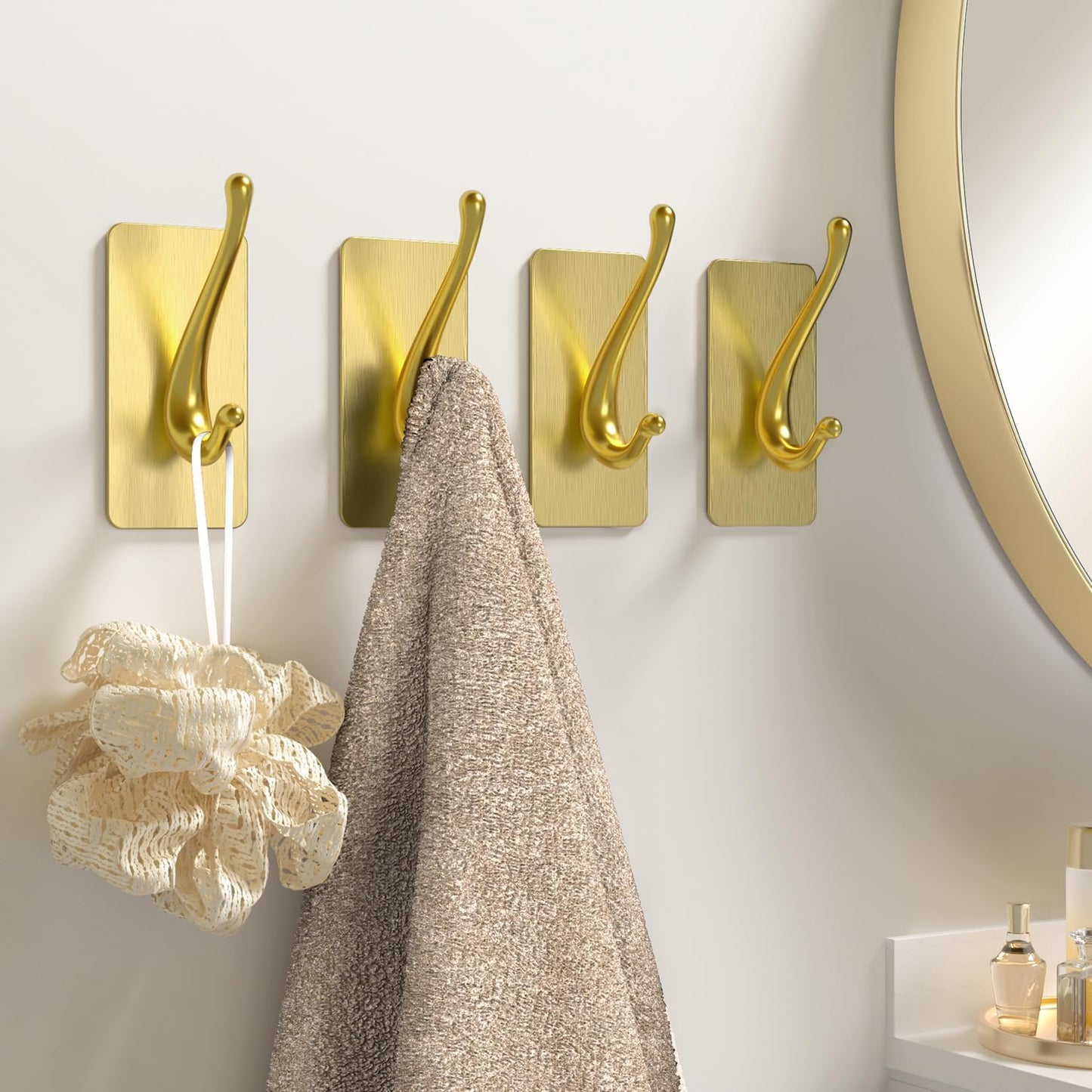 Towel Hooks, Solid Alloy Adhesive Wall Hooks for Hanging, Towel Hooks for Bathroom, RV, Kitchen, Closets, etc (Bright Gold, 2 Pack)