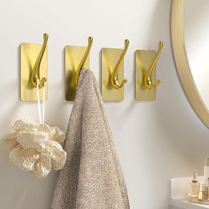 Towel Hooks, Solid Alloy Adhesive Wall Hooks for Hanging, Towel Hooks for Bathroom, RV, Kitchen, Closets, etc (Bright Gold, 2 Pack)