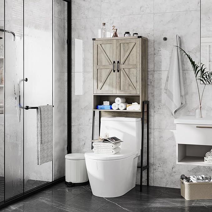 Over The Toilet Storage Cabinet with 2-Door Design Bathroom Organizers and Storage with Anti-Tip Device Over Toilet Organizer with Shelves for Bathroom,Restroom,Laundry Grey