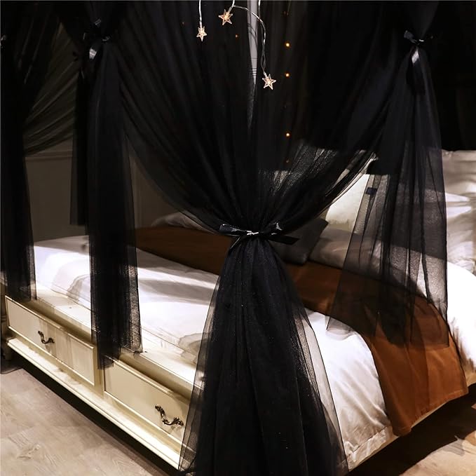 VETHIN 4 Corners Post Princess Bed Canopy Curtain Double Layer Cozy Drape Netting 4 Opening Mosquito Net for Girls & Adults Bedroom Decoration Accessories (Double Black, 59" W*82" L*82"*H/(Queen))