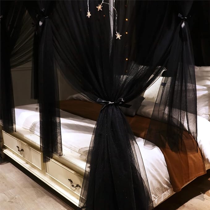 VETHIN 4 Corners Post Princess Bed Canopy Curtain Double Layer Cozy Drape Netting 4 Opening Mosquito Net for Girls & Adults Bedroom Decoration Accessories (Double Black, 64" W*82" L*82"*H/(Queen))