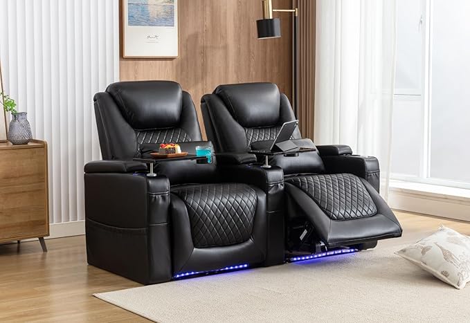 Home Theater Seating Seats, Theater Recliner Chair Sofa Game Movie Theater Chairs with 7 Colors Ambient Lighting, Lumbar Pillow, Side Pocket, Tray Table, Power Recline, Black