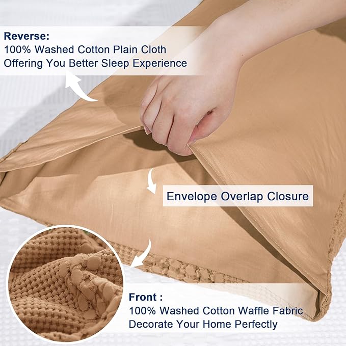 PHF 100% Cotton Waffle Pillow Shams Queen Size, 2 Pack 20" x 30" Soft Skin-Friendly Pillowcases, No Filling, Aesthetic Woven and Breathable Waffle Weave Pillow Case Covers for Bed, Camel