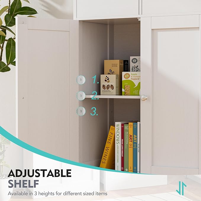 Vongrasig Bathroom Storage Cabinet, Freestanding Pantry Cabinet with 2 Drawers and Adjustable Shelves, Wooden Floor Storage Organizer for Bathroom, Living Room, Kitchen, Entryway, Farmhouse, White