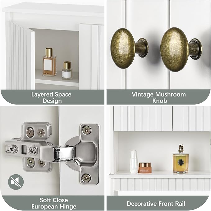 Over The Toilet Storage Cabinet, Over Toilet Bathroom Organizer with Fluted Panel Doors and Soft Hinges, Above Toilet Storage Shelves Behind Toilet Bathroom Organizer (White)