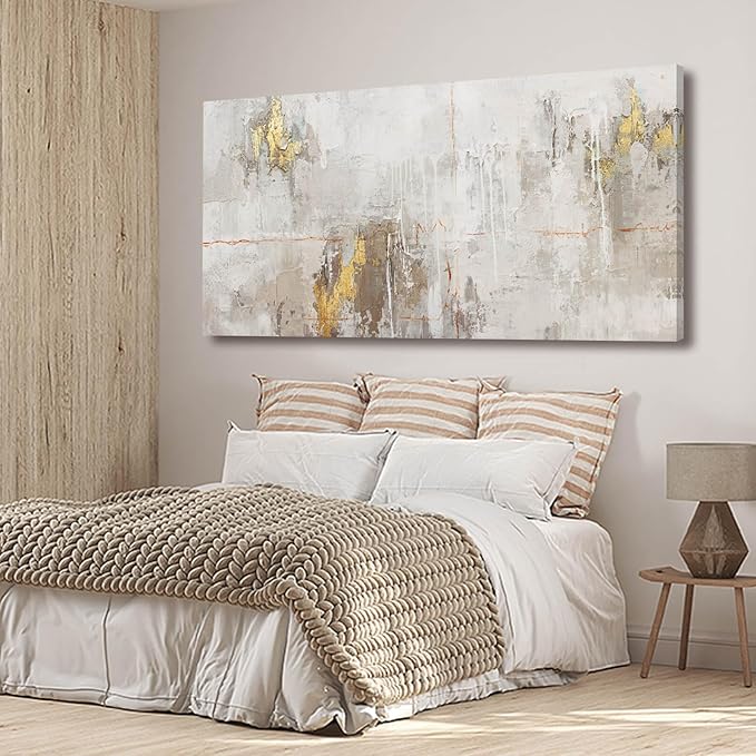 VAYIMDH Minimalist Wall Decor White with Gold Canvas Wall Art Grunge Posters Modern Abstract Paintings for Living Room Bedroom Dining Room 29"x 58"