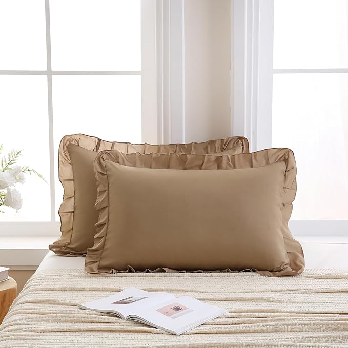 Merryword Taupe Pillowcases King Size Ruffled Pillow Shams Set of 2 Cute Pillowcases Taupe Shabby Chic Pillow Cover 2 Pack
