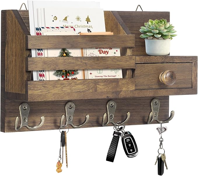 Key Holder Wall Mount, Wooden Adhesive Mail and Key Organizer with Drawer, Small Shelf, 8 Hooks, 2 Installation Methods, Brown