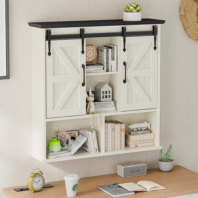 Vabches Bathroom Wall Cabinet, Farmhouse Medicine Cabinet with Double Sliding Barn Door and Adjustable Shelves, Wooden Vintage Storage Cabinet Wall Mounted for Bathroom, Kitchen, White and Black