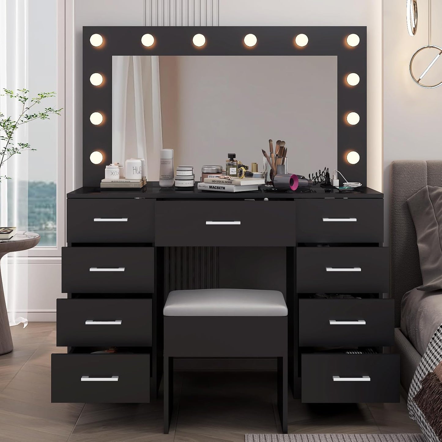 Karl home Vanity Desk with Large Lighted Mirror & Powre Outlet, Glass Tabletop Makeup Vanity Set with 9 Drawers, 45.3" Vanity Table with 3 Color Lighting Modes, Dressing Table for Women Girls, Black