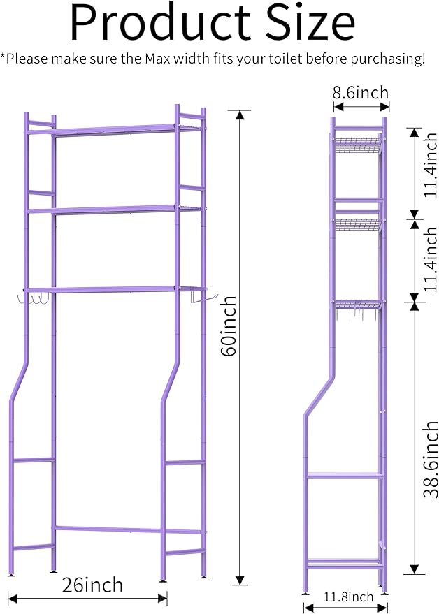 3-Tier Over The Toilet Storage, Space Saver Metal Bathroom Shelves, Freestanding Above Over Toilet Storage Shelf with 4 Hooks for Bathroom, Purple