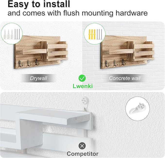Mail Organizer for Wall Mount – Key Holder with Shelf Includes Letter Holder and Hooks for Coats, Dog Leashes – Rustic Wood with Flush Mounting Hardware (16.5” x 8.7” x 3.5”) (Wood)