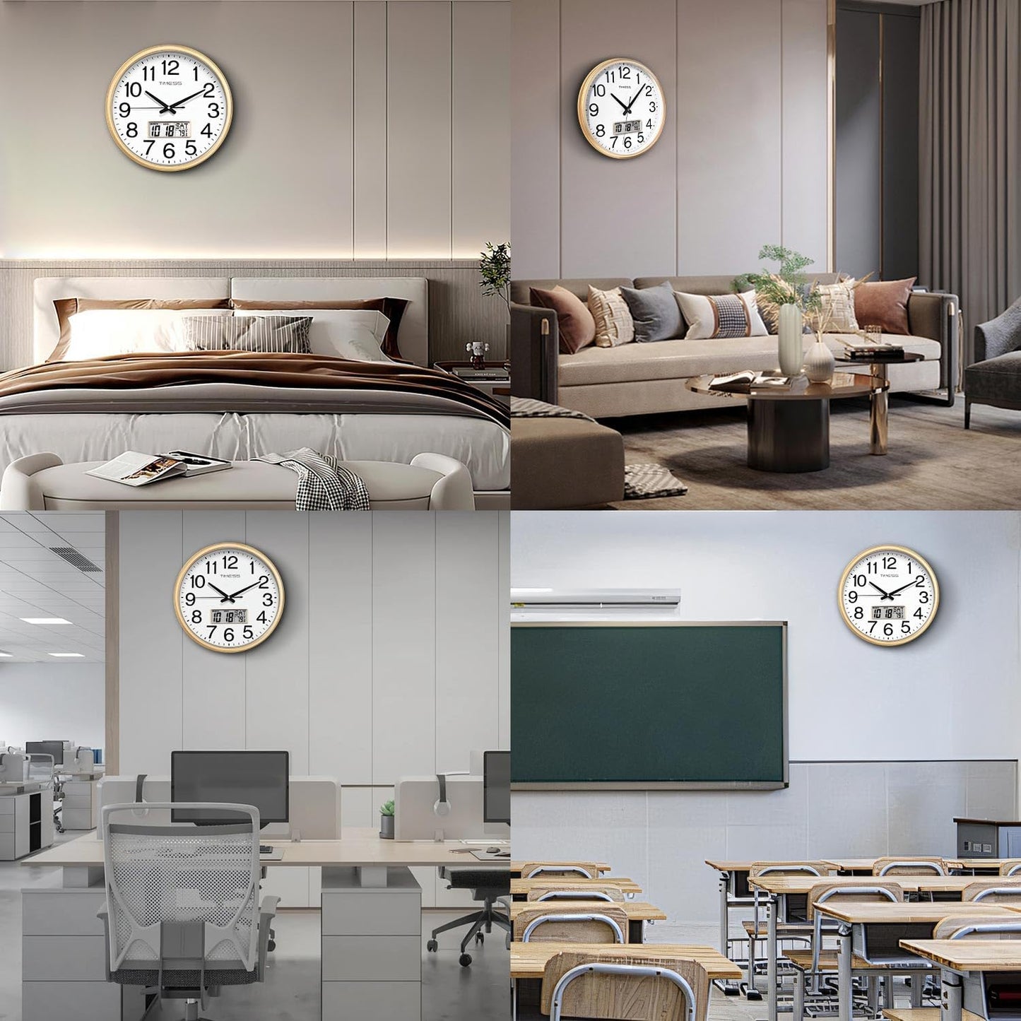 Wall Clock, 11 Inch Non-Ticking Silent Battery Operated Quartz Analog with LCD Display for Perpetual Calendar and F° Temperature, Ideal Modern Home, Bedroom, Kitchen, Office Décor (Gold)