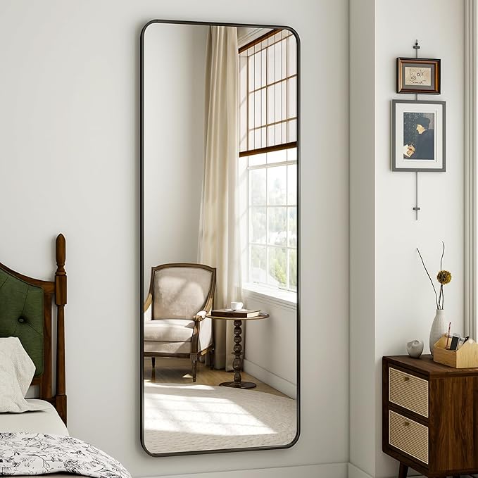 Round Corner Mirror Full Length, 16" x 59" Floor Mirror with Stand, Matte Aluminum Alloy Frame Full Body Mirror, Standing Hanging or Leaning for Bedroom and Living Room, Black