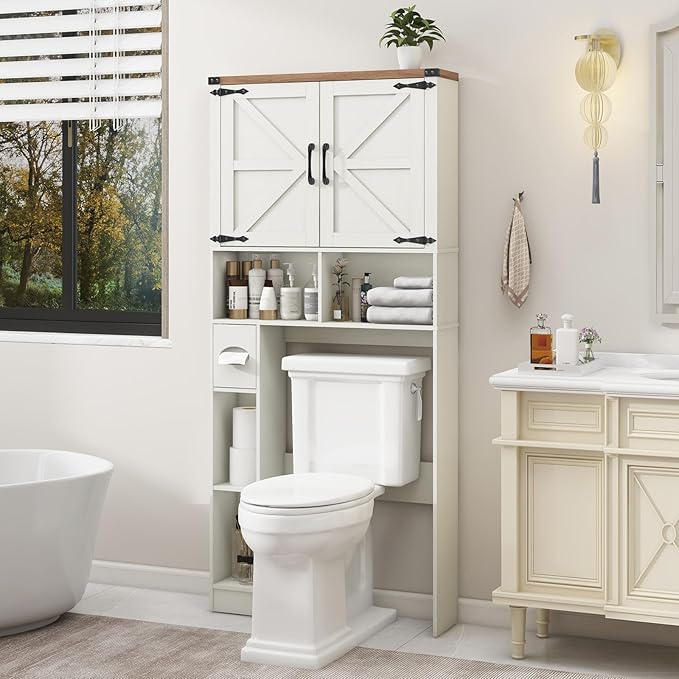 Over The Toilet Storage Cabinet, Farmhouse Storage Cabinet Over Toilet with 2 Barn Doors && Toilet Paper Holder Stand,Home Space-Saving Toilet Rack, for Laundry, Restroom, Bathroom