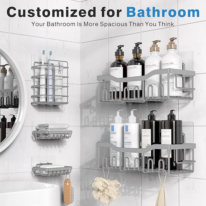5-Pack Rustproof Stainless Steel Shower Caddy Set– No Drill Adhesive Bathroom Organizer, Space-Saving Shower Shelves for Apartment Essentials, Bathroom/Kitchen Storage Home Decor-L Size