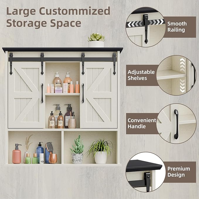 Vabches Bathroom Wall Cabinet, Farmhouse Medicine Cabinet with Double Sliding Barn Door and Adjustable Shelves, Wooden Vintage Storage Cabinet Wall Mounted for Bathroom, Kitchen, White and Black