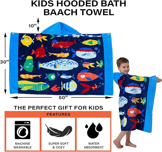 Kids Bath Towels, Kids Towel Girls Boys Hooded Beach,Bathroom,Pool Swim Towels 30 × 50 INCH Large Size Ultra Absorbent Cute Cartoon Animal Full Vitality 100% Cotton Wearable Wrap for Child