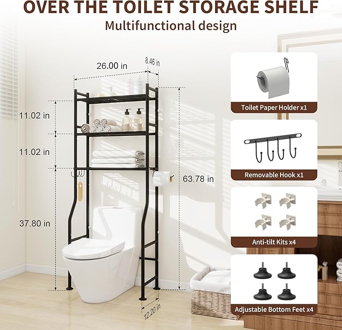Over The Toilet Storage Rack,3-Tier Over Toilet Bathroom Organizers and Storage with Paper Holder and 4 Hook,Durable and Versatile,Space-Saving Design for Bathrooms/Kitchens/Living Room