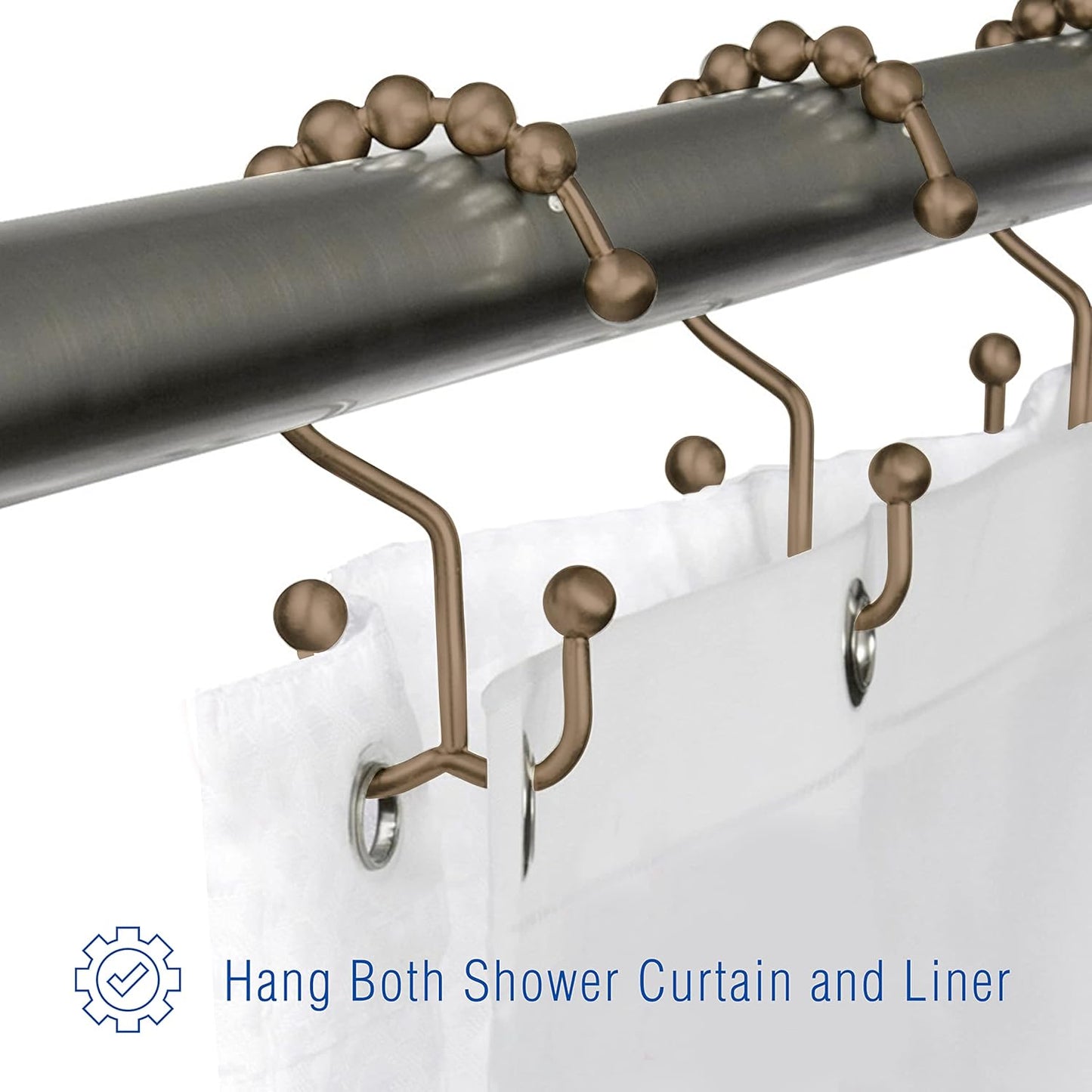 2lbDepot Shower Curtain Rings Hooks - Bronze Finish - Premium 18/8 Stainless Steel - Oil Rubbed Double Hooks with Easy Glide Rollers Rust Resistant - Six Finishes Available - Set of 12 for Shower Rod