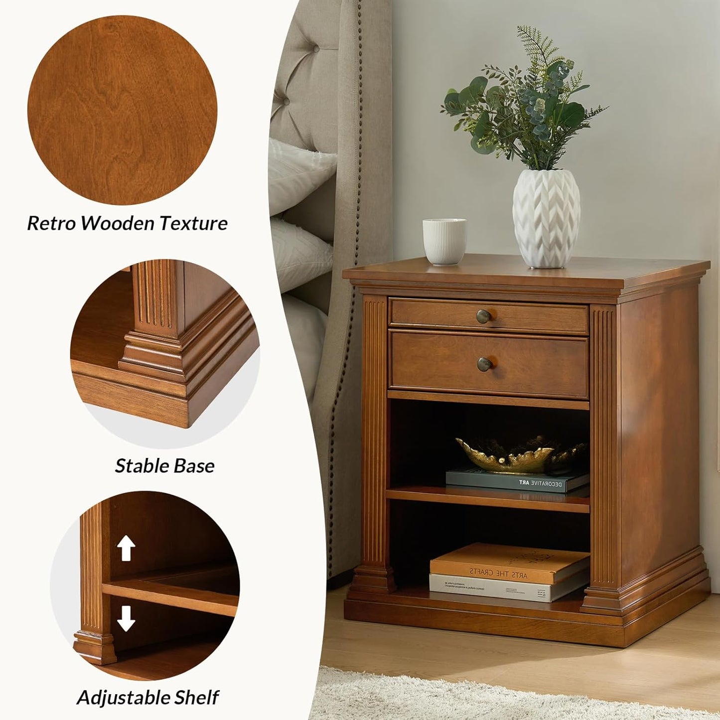HULALA HOME Wood Nightstand with Tray and Storage Shelves, Traditional Design with Roman Column, End Table with Charging Station/LED,Acorn-S2