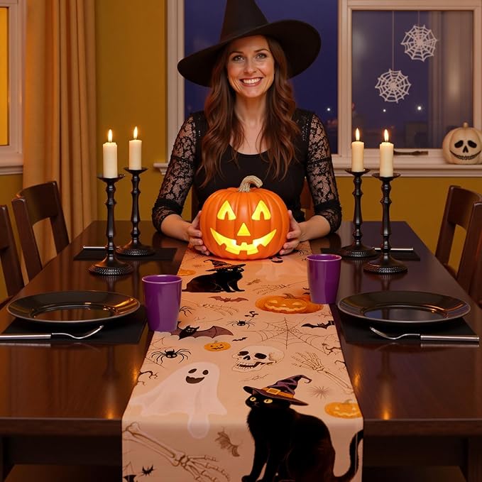 Halloween Table Runner with Ghosts,Black Cats,Pumpkins & Skeletons,Table Decoration for Dining Party and Home Decor,96x13 inches